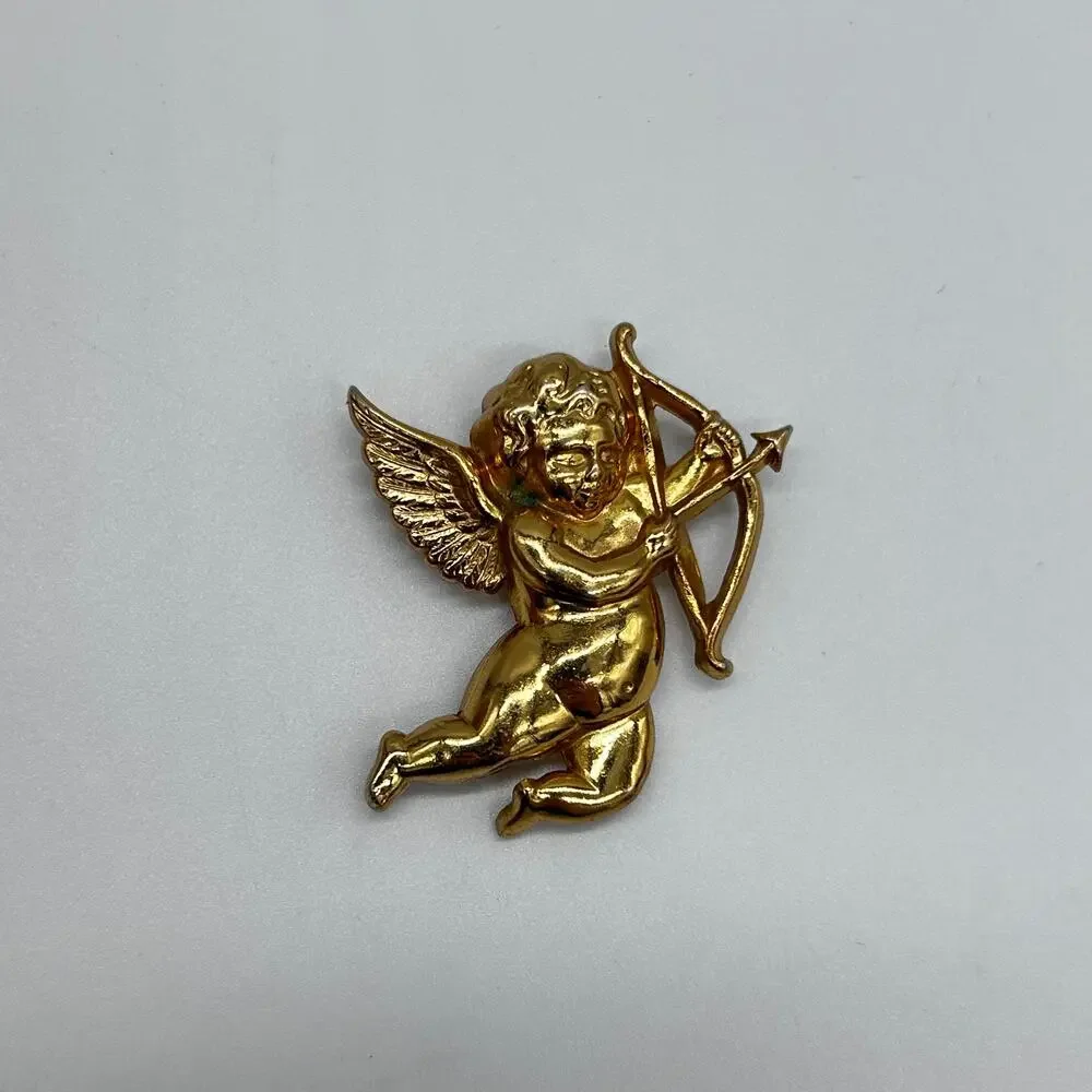 Vintage Cherub Brooch Cupid Bow Arrow Gold Tone Pin Signed Coro Costume Jewelry